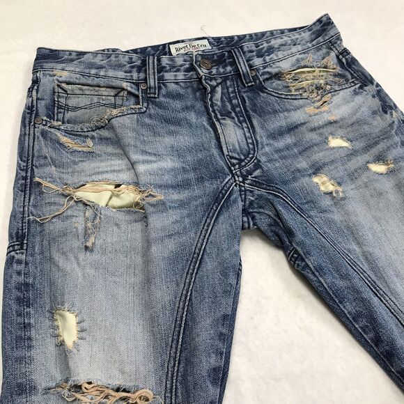 RIVET DE CRU Jayden Jean Men 34x32 Destroyed Distressed Rip Repair Denim Blue - Picture 6 of 16